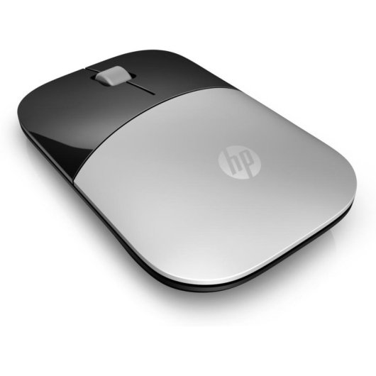 Un mouse HP argentato e nero con rotellina di scorrimento grigia.