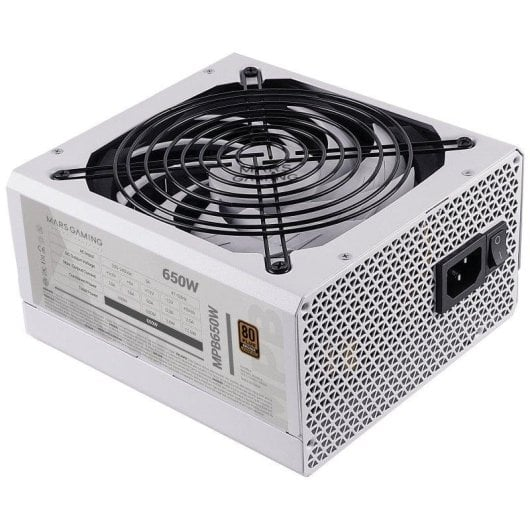 Un alimentatore d'argento per computer con ventola nera e logo 80 Plus.