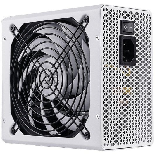 Un alimentatore bianco per computer con una grande ventola sul davanti e un interruttore e connettore sul retro.