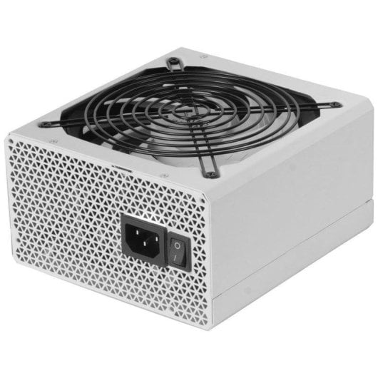 Un alimentatore bianco per PC con griglia ventola e interruttore neri.