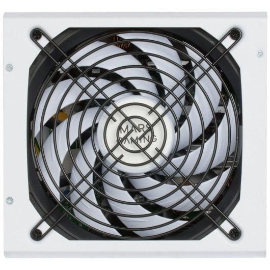 Ventola bianca alimentatore PC con griglia nera e logo "Mars Gaming".