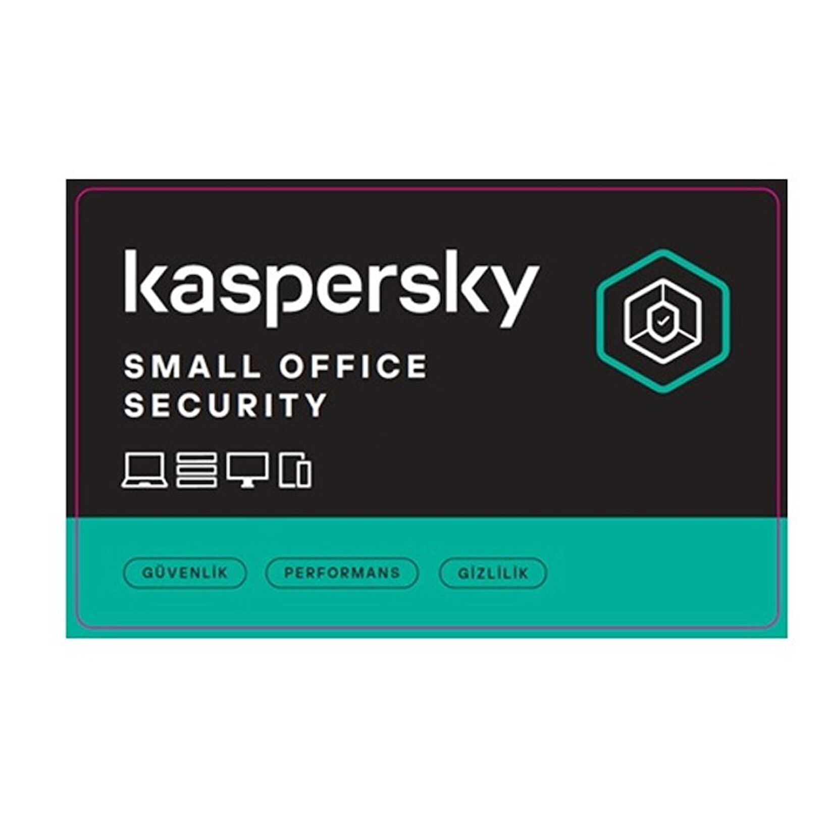 Kaspersky Small Office Security logosu, bilgisayar simgeleri ve üç düğme.