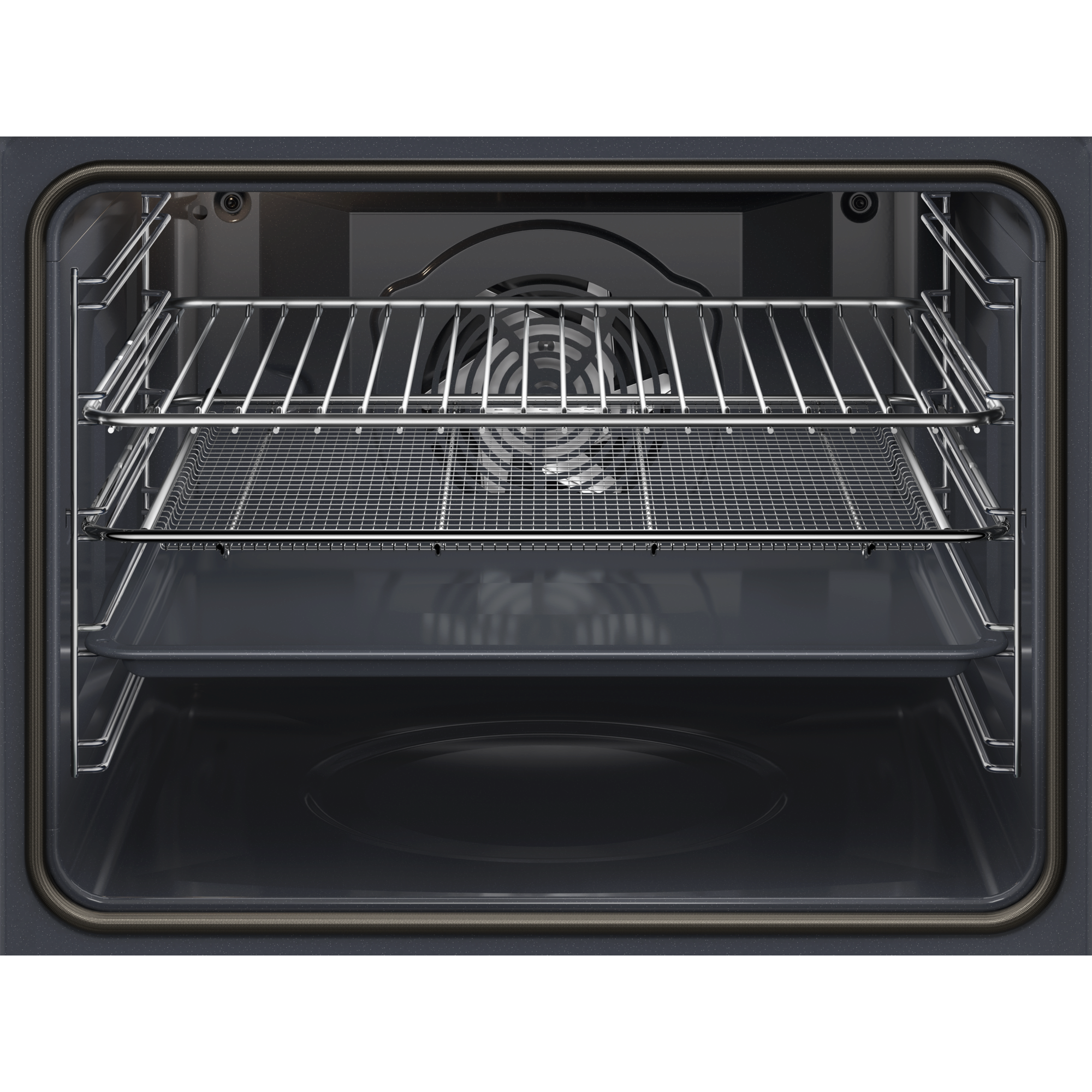 Interior de horno vacío con dos rejillas y una bandeja.