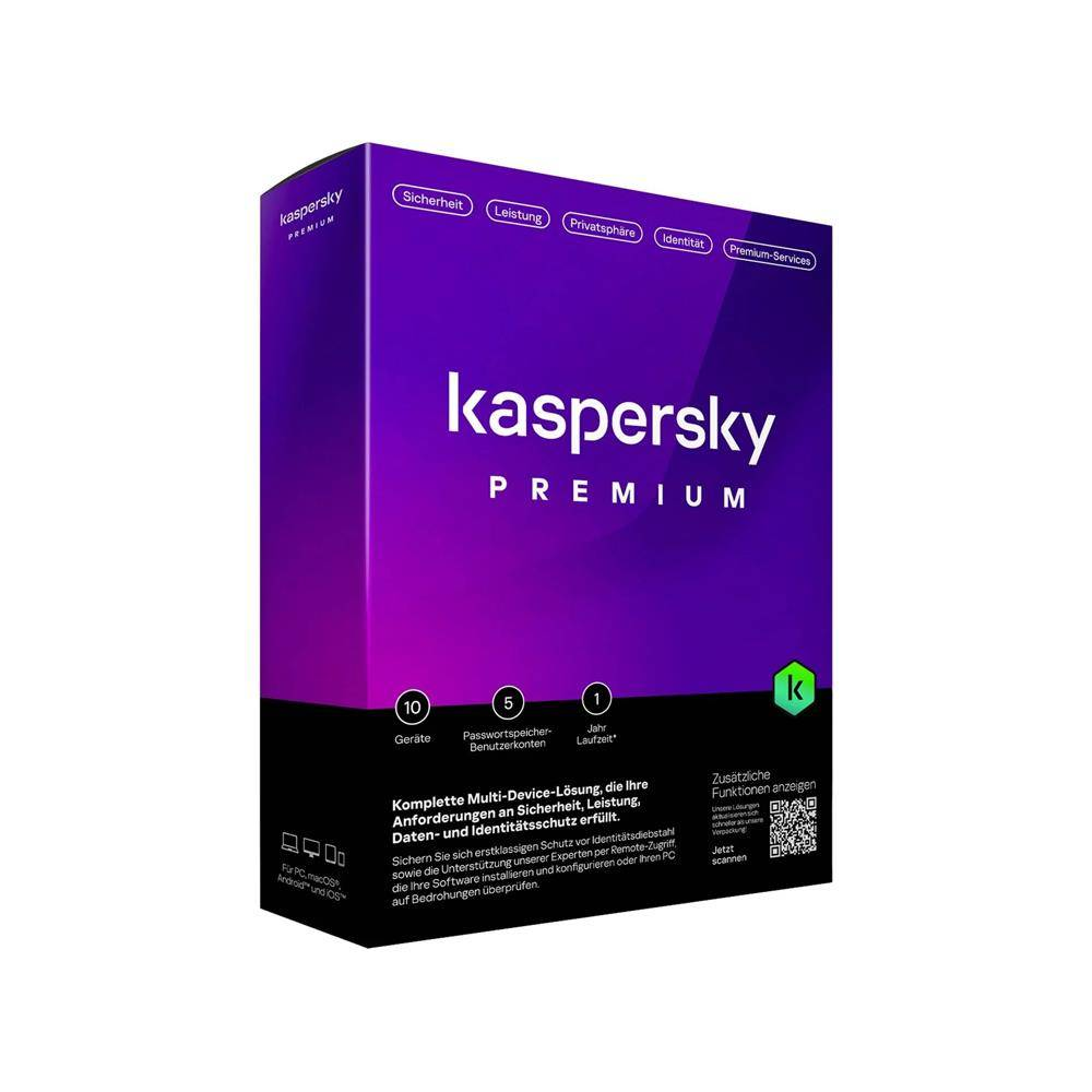 Kaspersky Premium kutusu güvenlik, performans, gizlilik ve kimlik simgeleriyle.