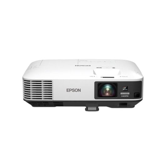 Un proyector Epson blanco con rejillas y lente.
