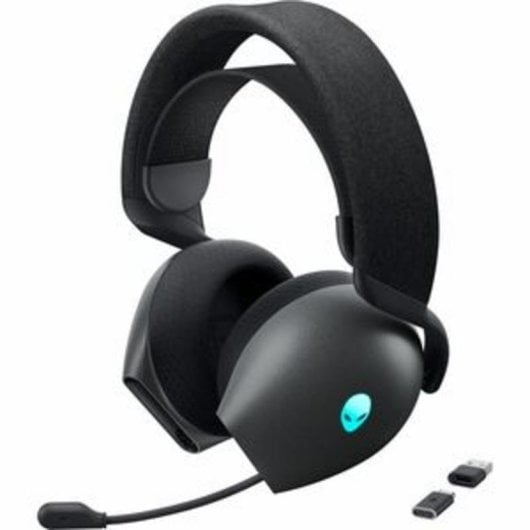 Zwarte Alienware headset met blauw gloeiend logo en afneembare kabels.
