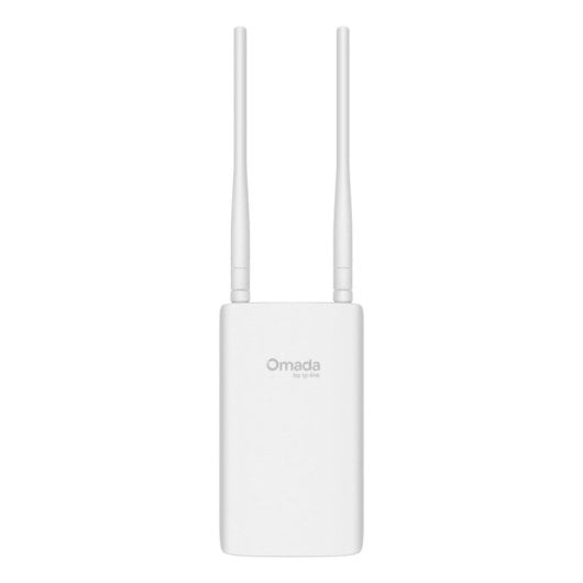 Biały router Wi-Fi Omada z dwiema antenami.