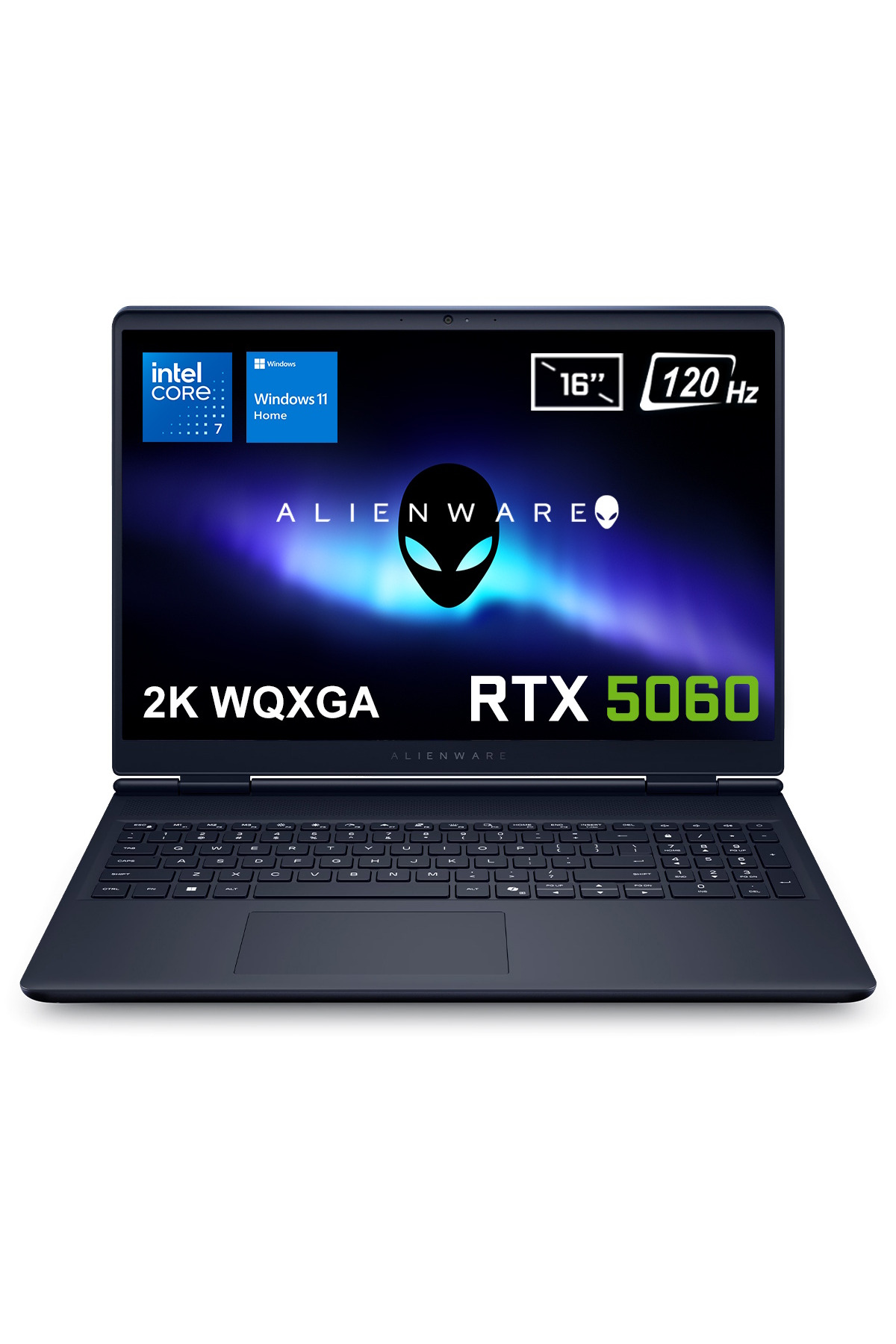 Intel Core i7 ve RTX 5060 özellikli açık Alienware dizüstü bilgisayar.