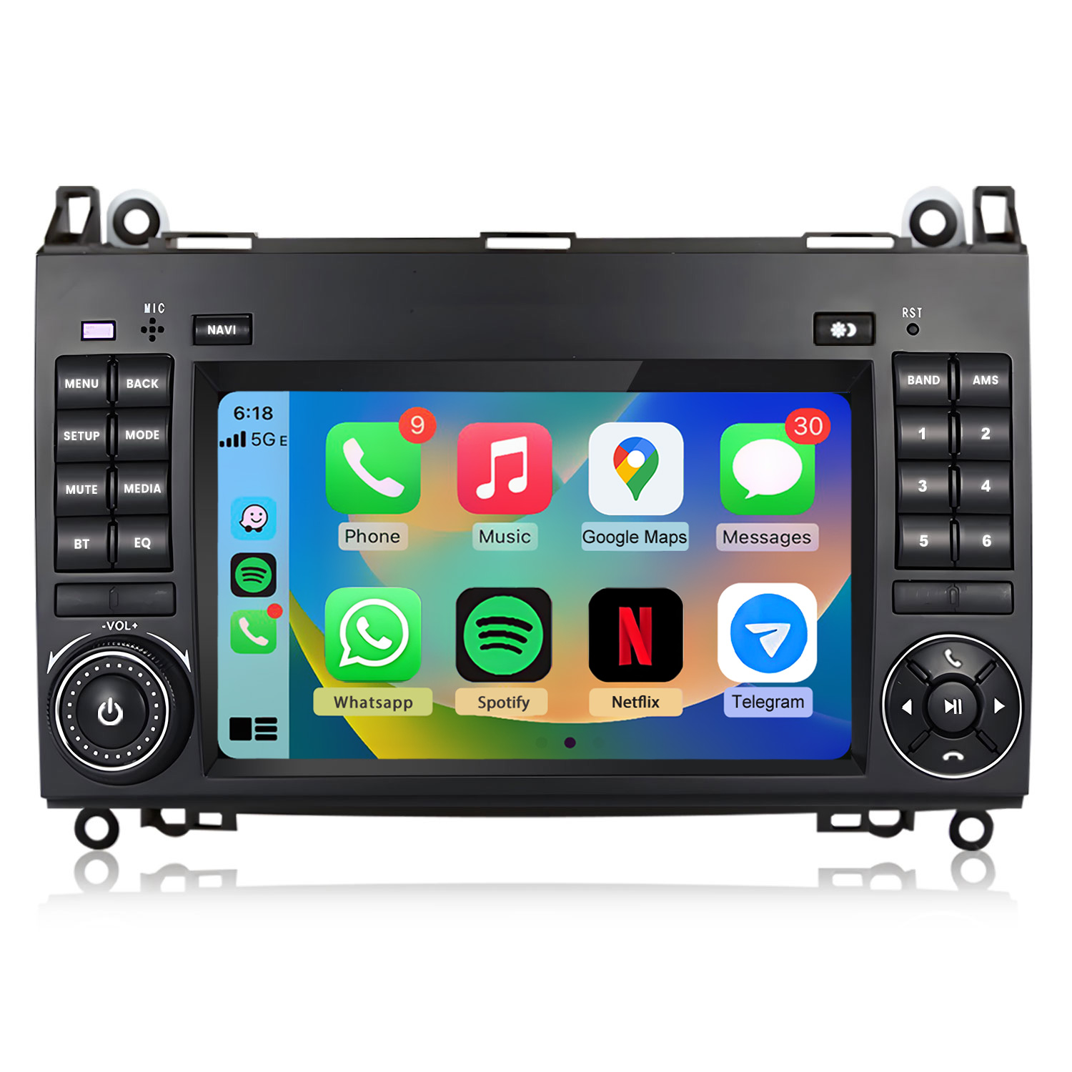 Ein Autoradio-Touchscreen zeigt App-Symbole wie Telefon, Musik, Karten und Nachrichten.