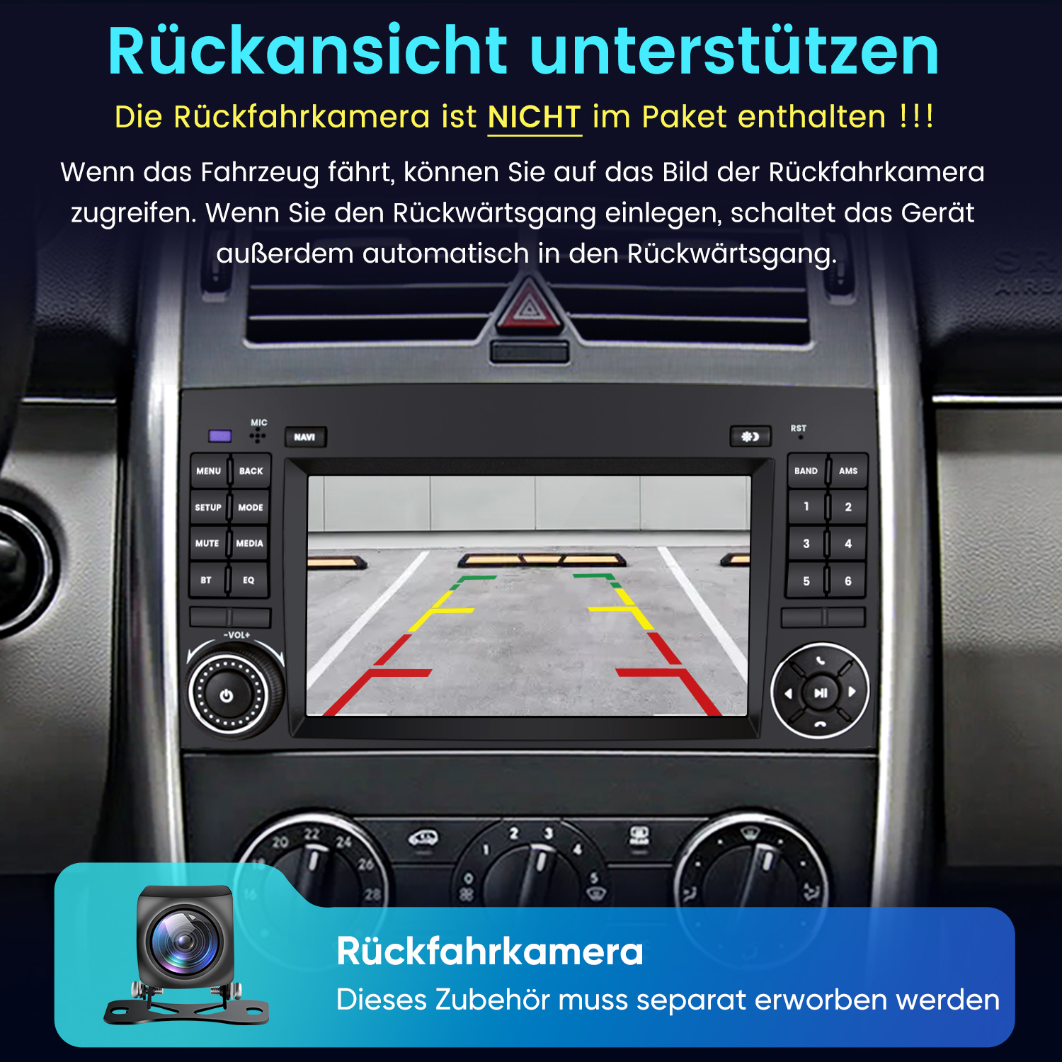 Autoinnenraum mit Rückfahrkamera-Bildschirm und kleiner Kamera.