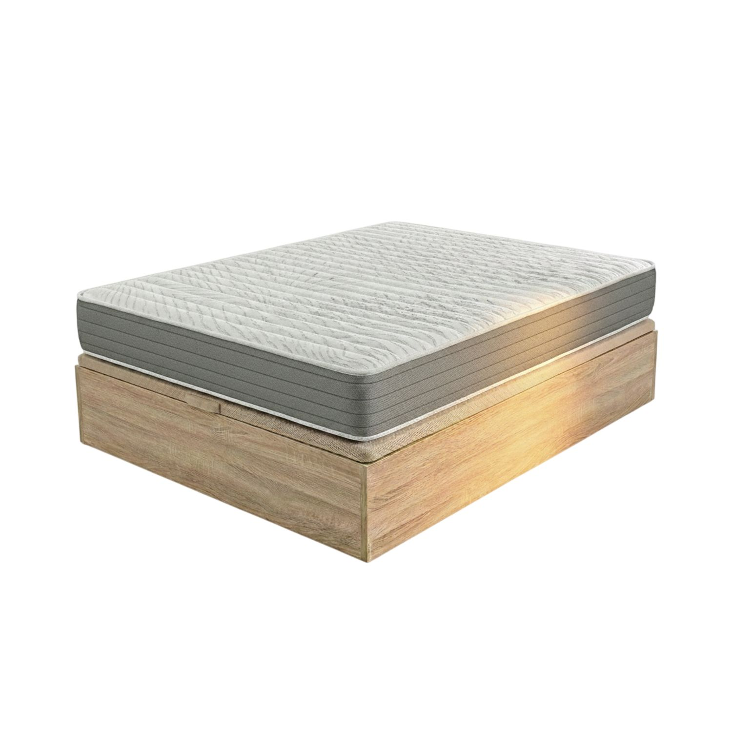 Un colchón gris sobre una base de madera. El colchón tiene una cubierta texturizada blanca.