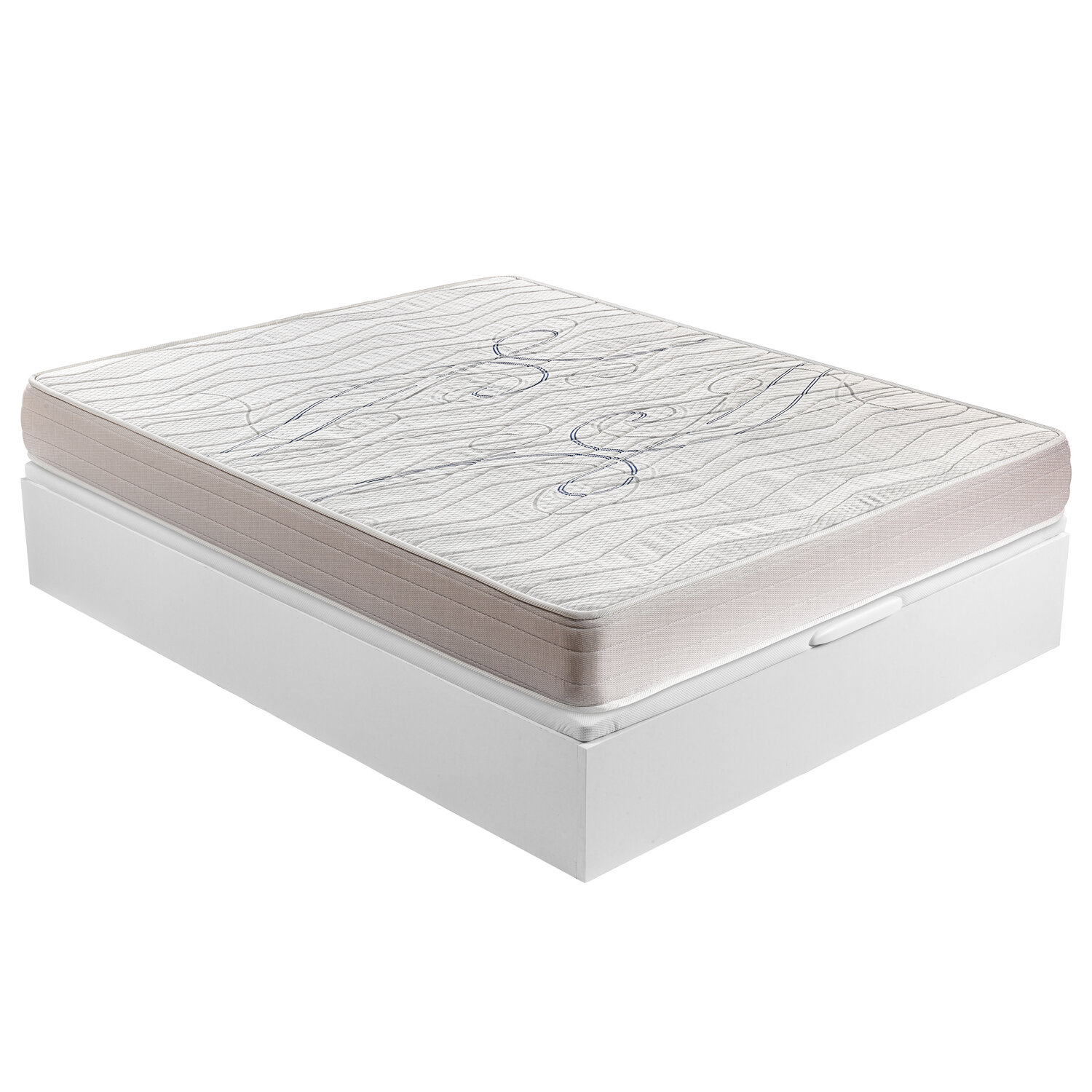 Un colchón blanco con patrón de ondas azules sobre una base de cama blanca.