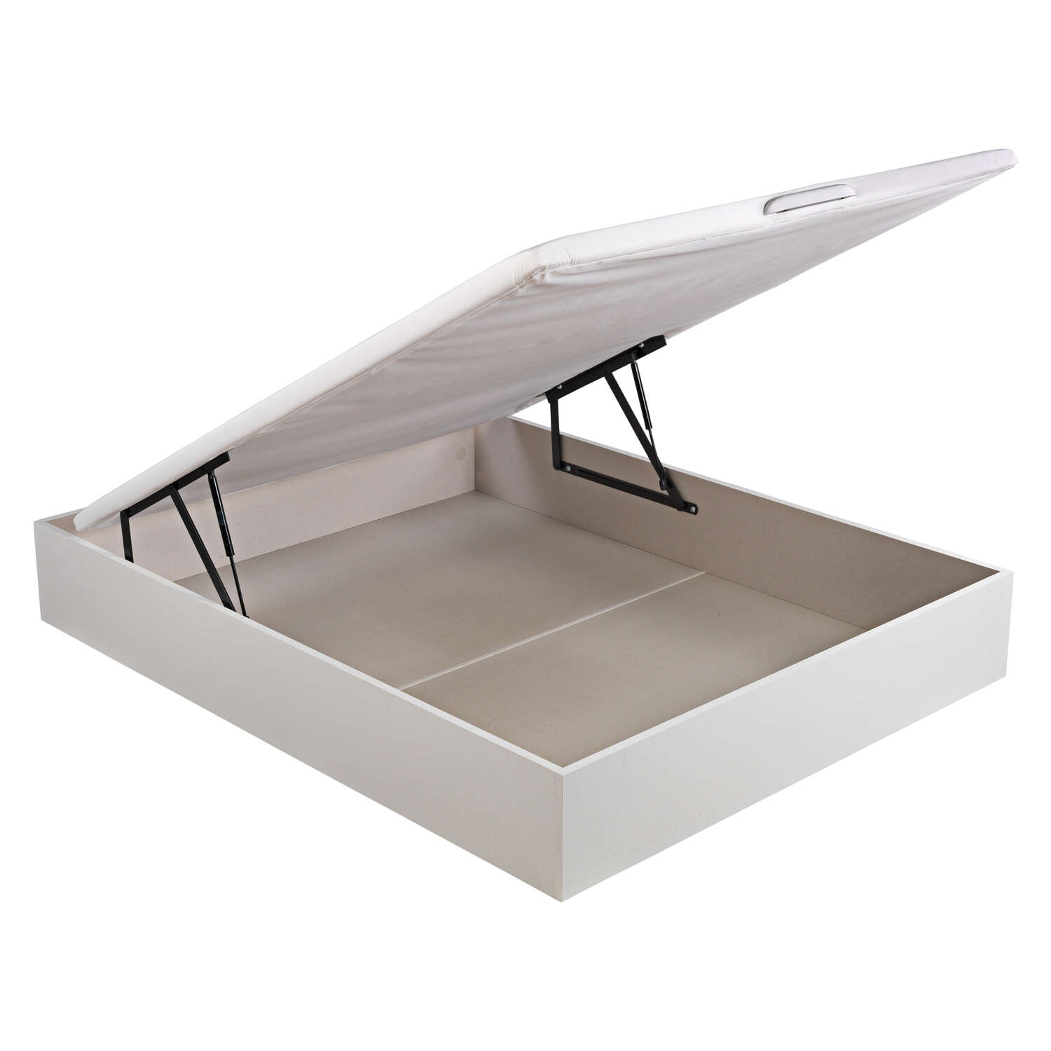 Base de cama canapé blanca con tapa levantada, mostrando amortiguadores de gas.