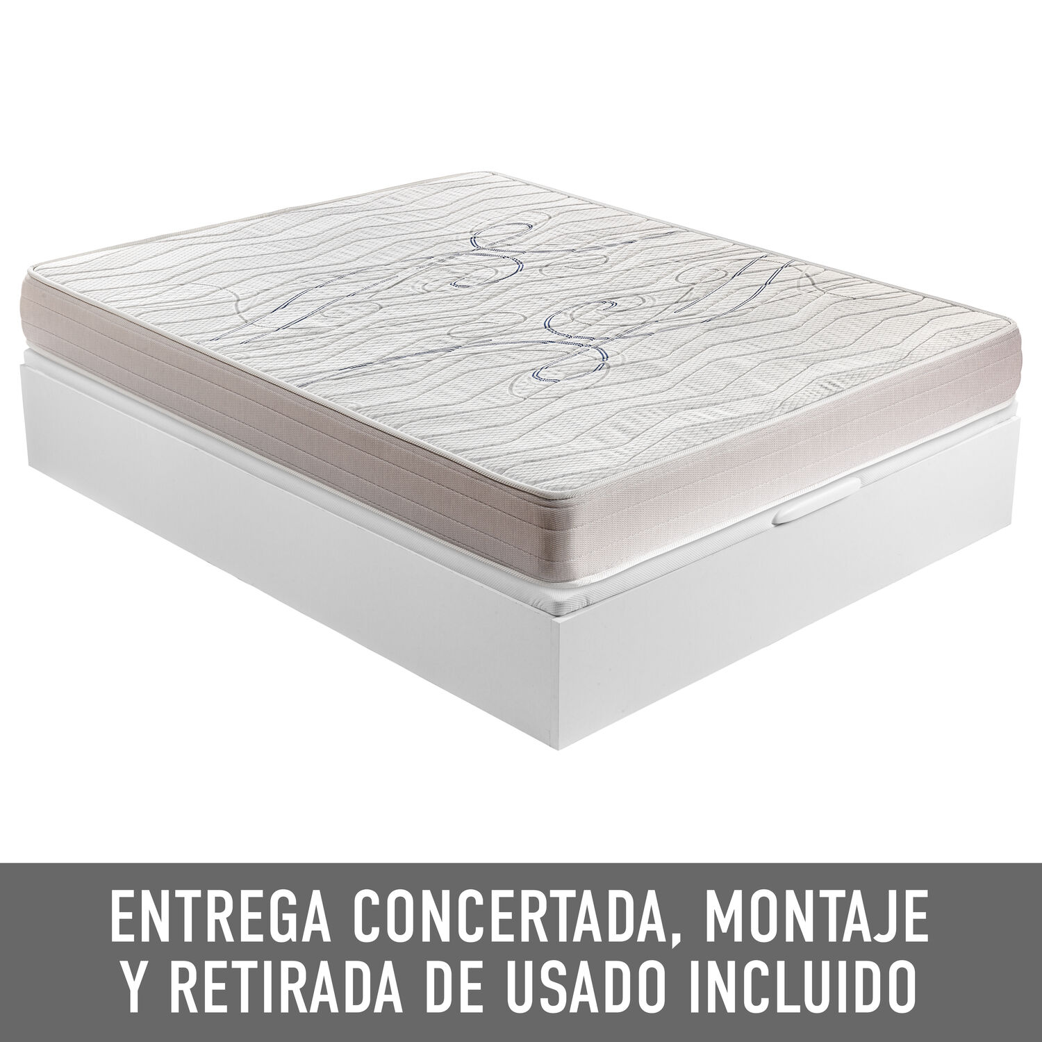 Un somier blanco con un colchón con un diseño azul.