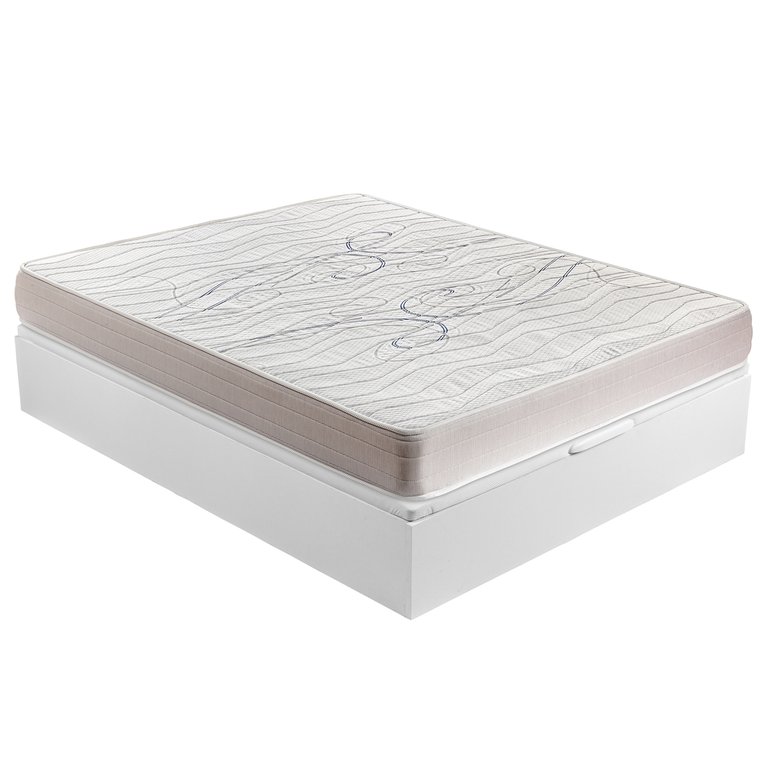 Una base de cama blanca con un colchón con un patrón azul.