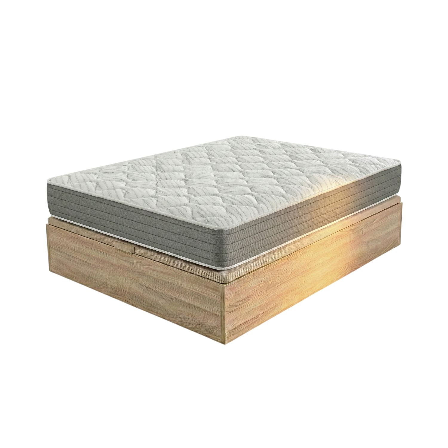 Un colchón blanco con borde gris sobre base de madera.