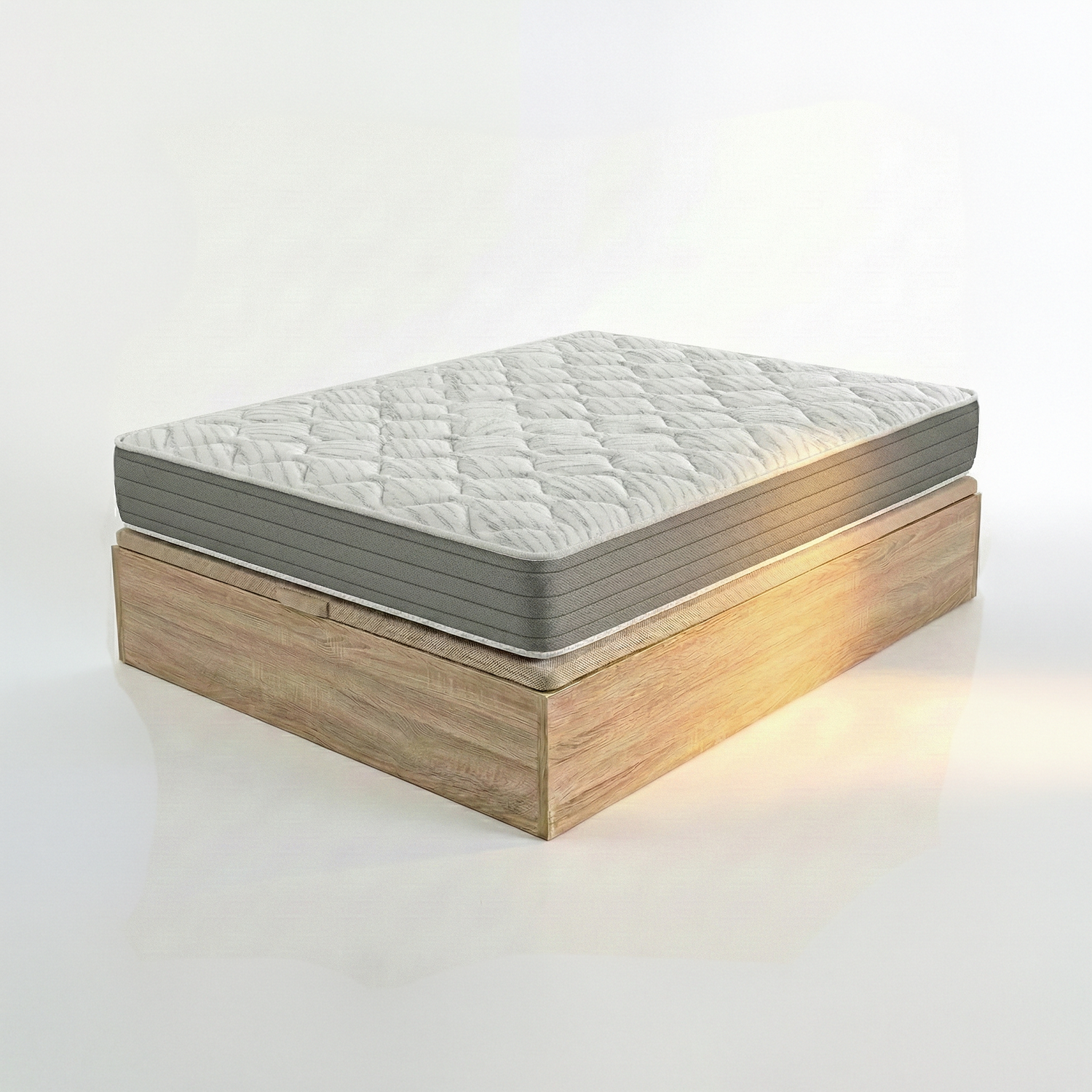 Un colchón blanco con borde gris sobre una base de cama de madera.