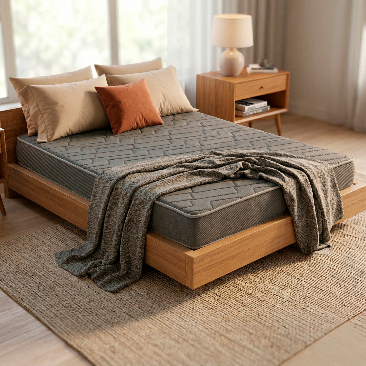Un colchón gris sobre una base de cama de madera con almohadas, manta y mesita.
