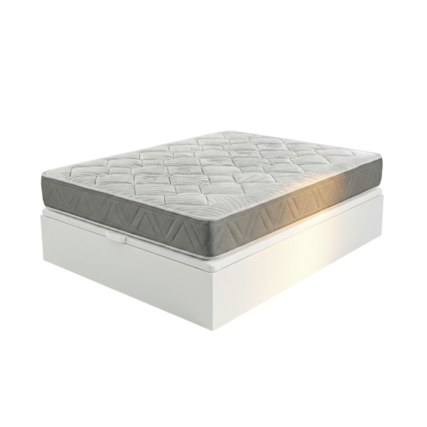 Un colchón gris con patrones geométricos sobre una base blanca.