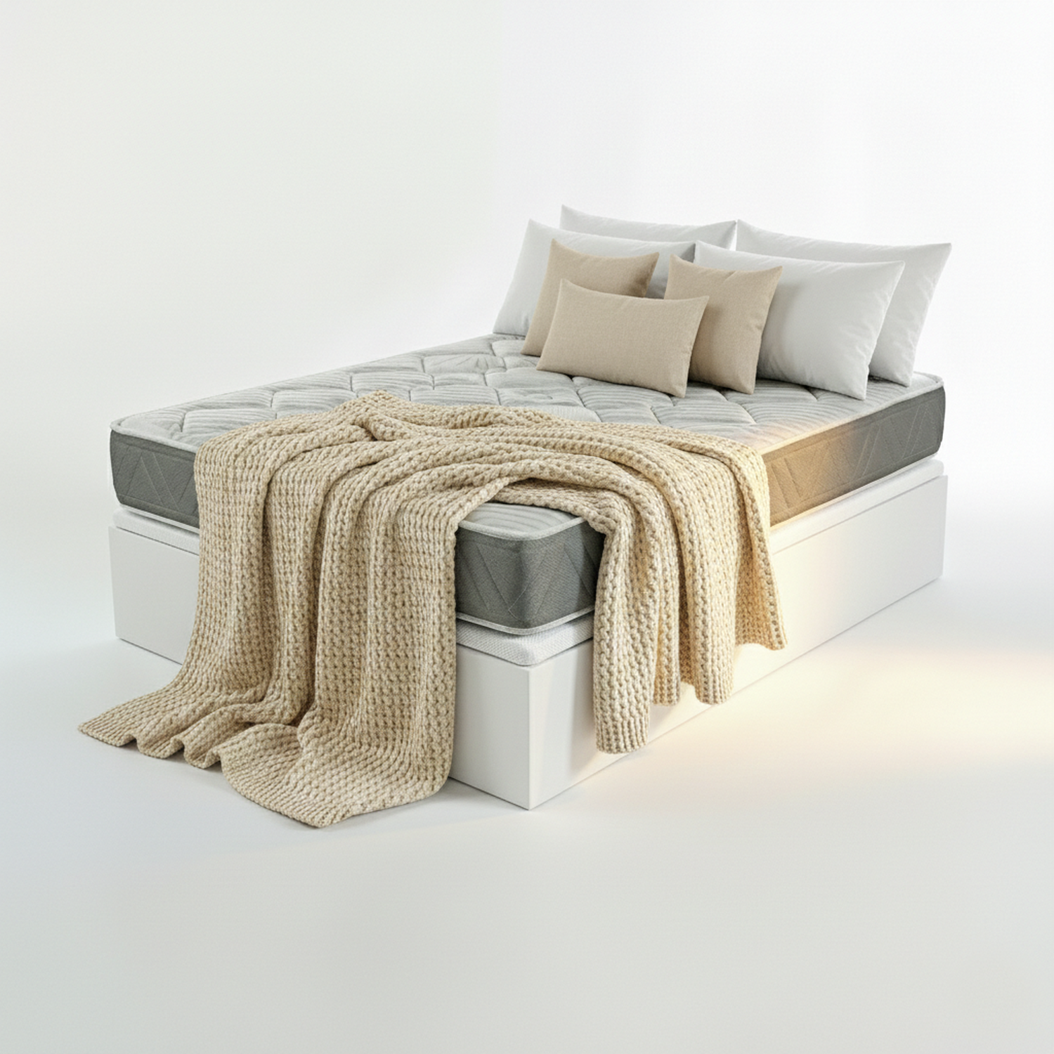 Una cama con colchón, almohadas y una manta beige sobre fondo blanco.