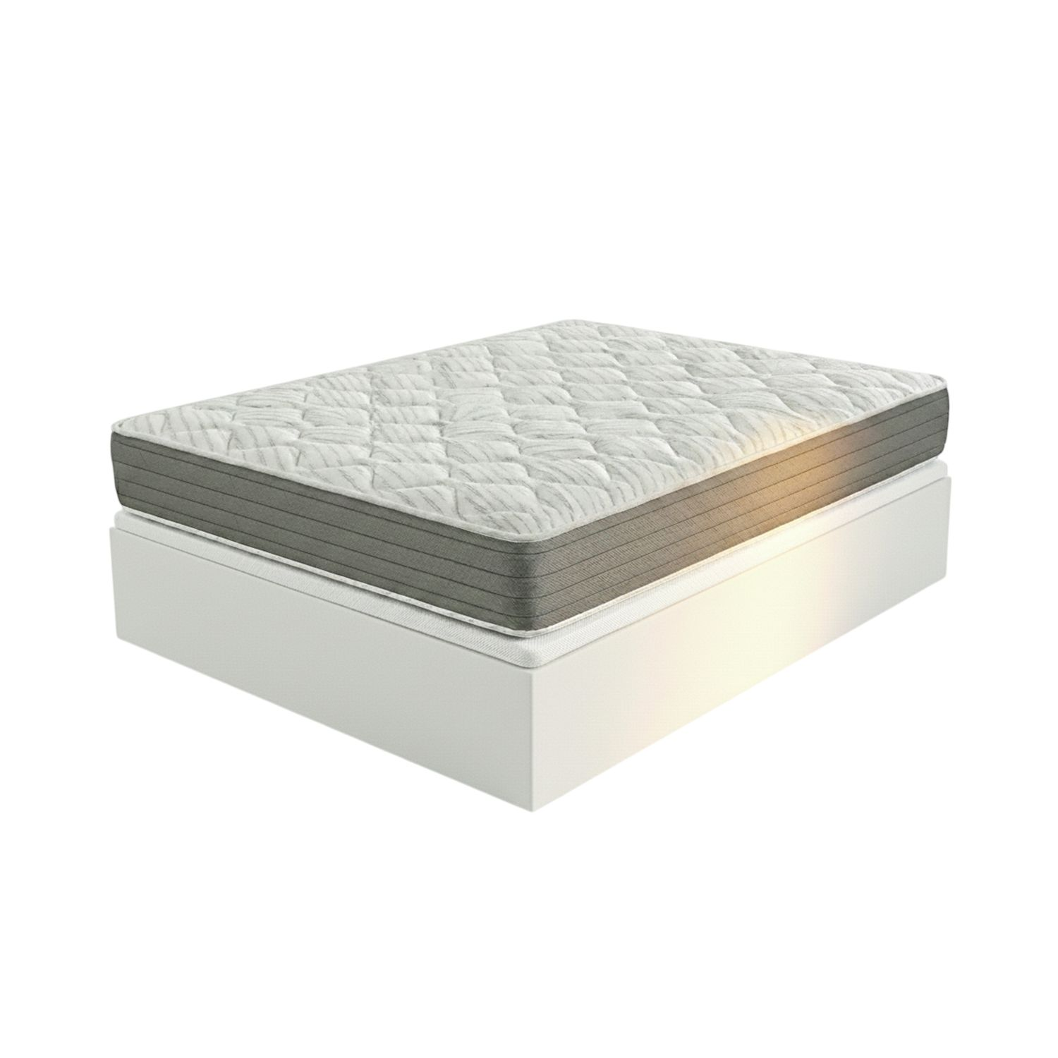 Una base de colchón blanca con un colchón acolchado con borde gris.