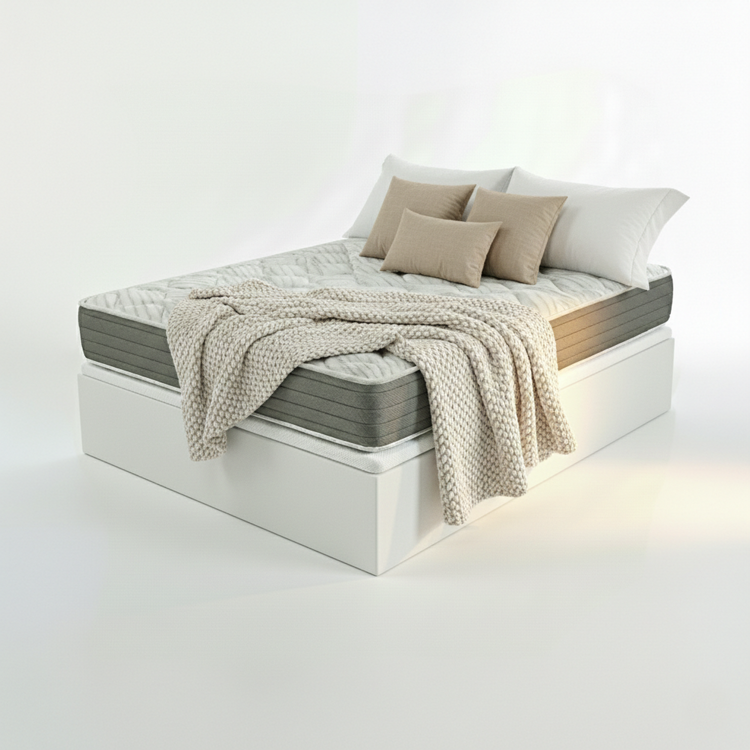 Una cama con marco blanco, colchón y almohadas, cubierta con manta.
