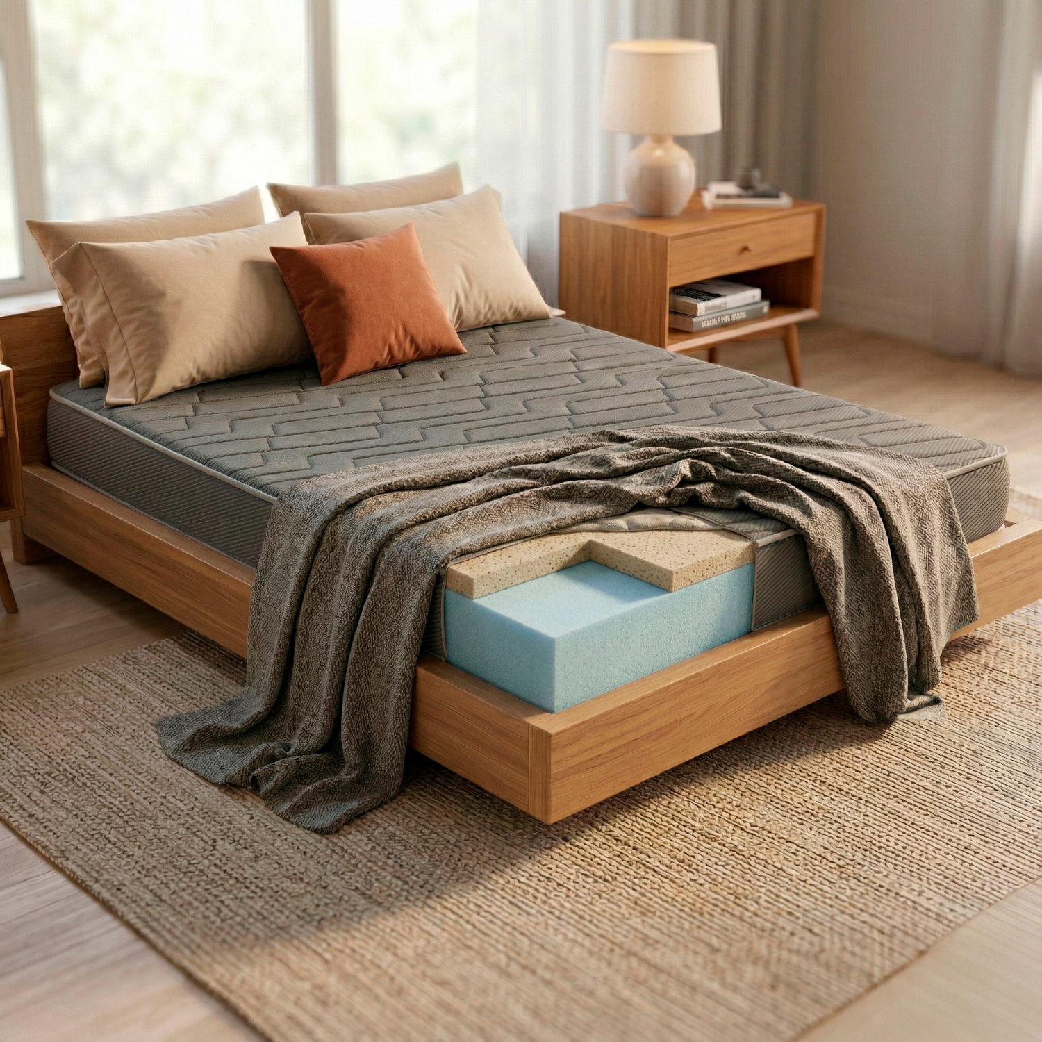 Un colchón en corte sobre un marco de cama de madera con almohadas y manta. Se ven dos capas de espuma.