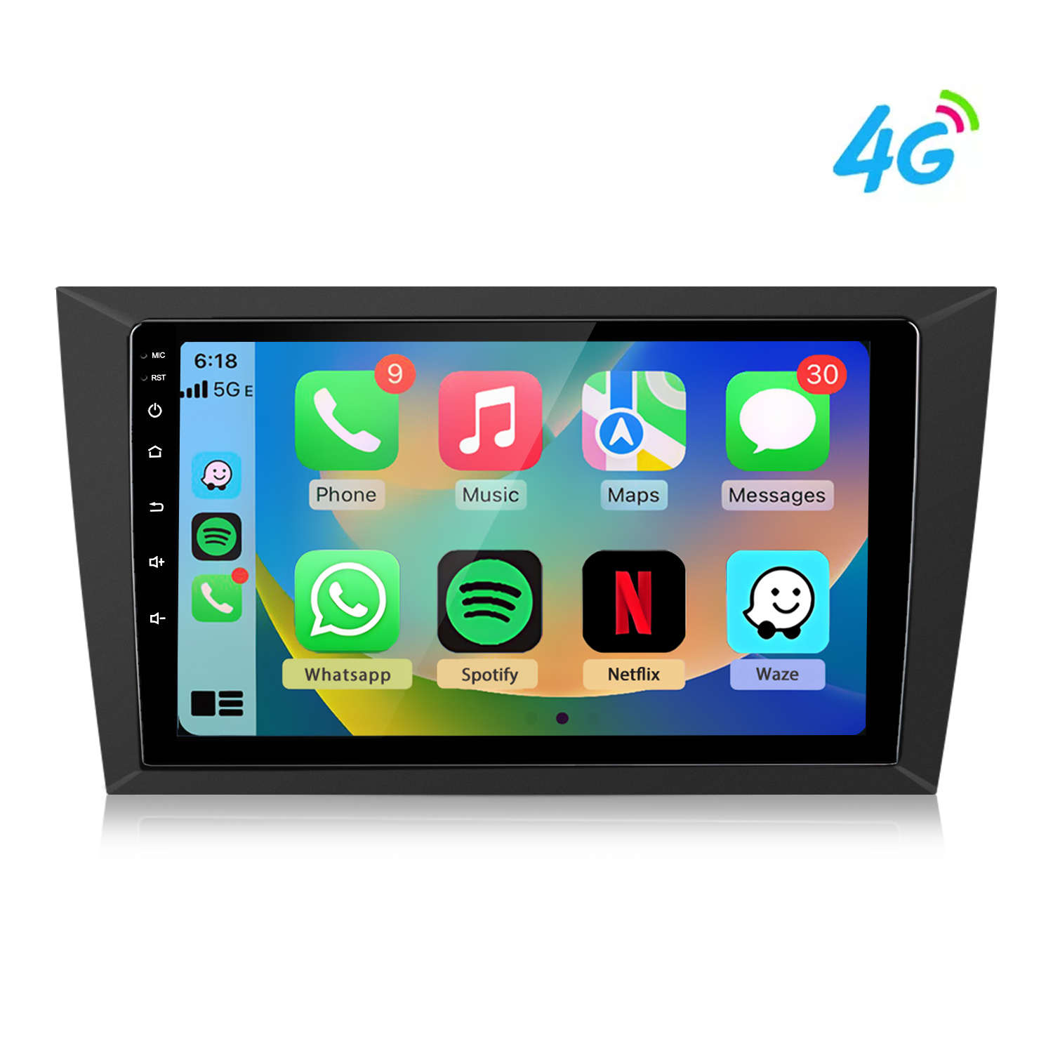 Ein Autoradio-Touchscreen zeigt App-Icons: Telefon, Musik, Karten, Nachrichten, WhatsApp, Spotify, Netflix, Waze.