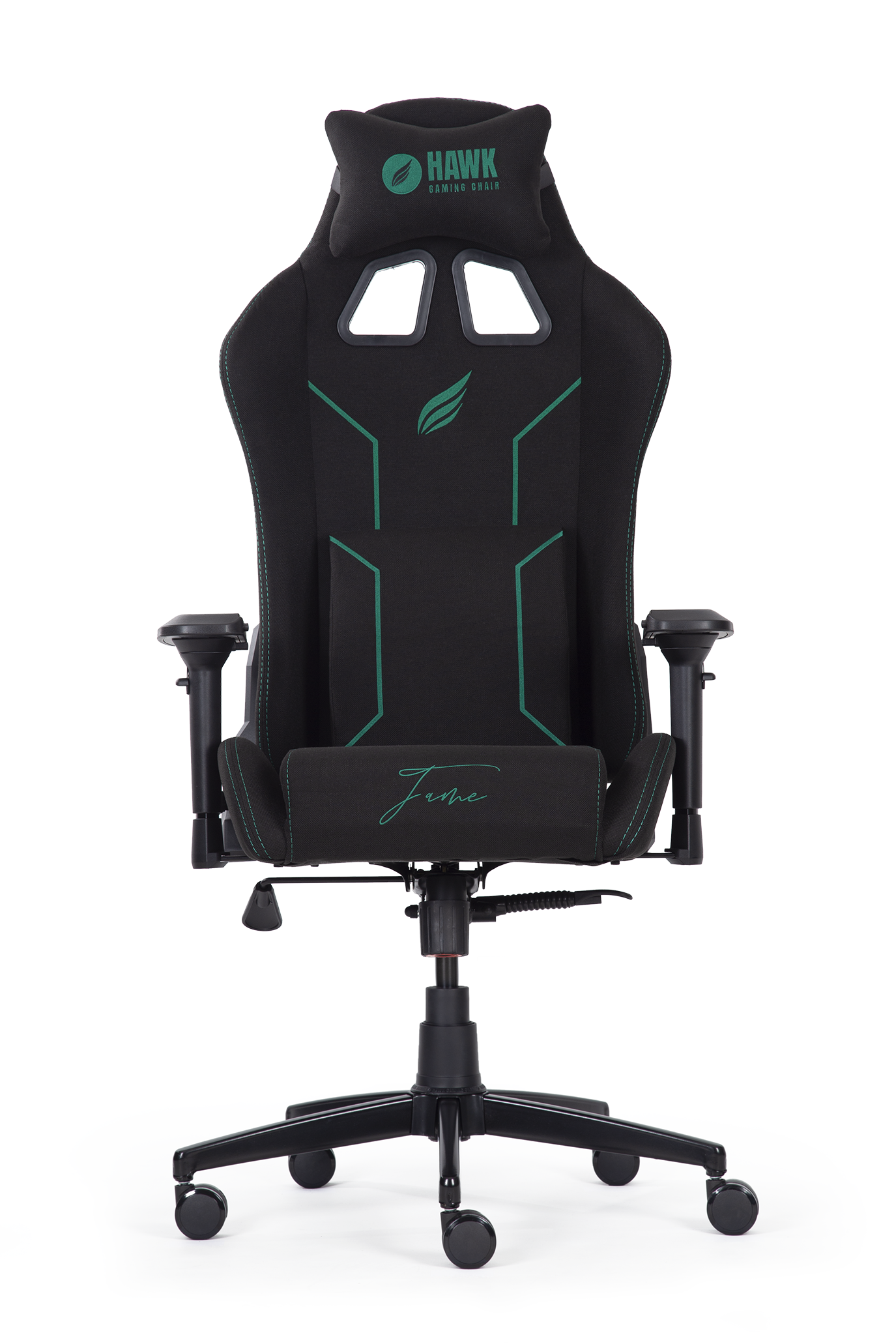 Yeşil vurgulu, baş destekli siyah bir oyuncu koltuğu.