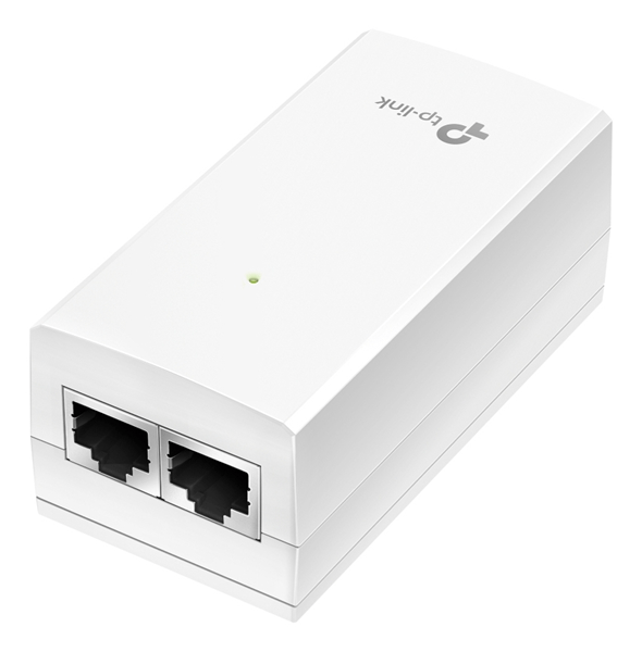 İki Ethernet portlu ve yeşil gösterge ışıklı beyaz TP-Link PoE enjektörü.