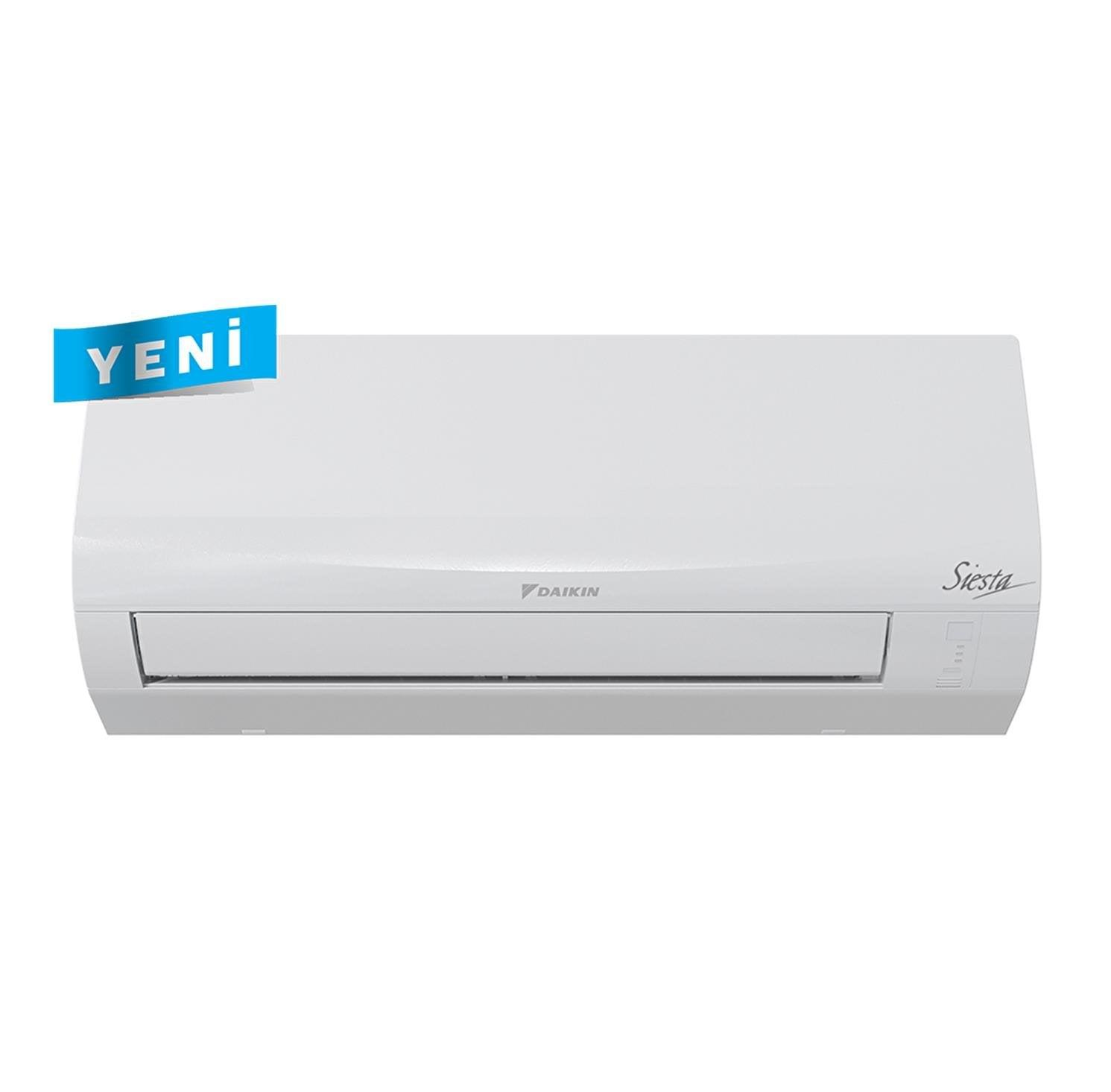 Mavi 'YENİ' etiketli ve 'Siesta' yazılı beyaz Daikin klima.