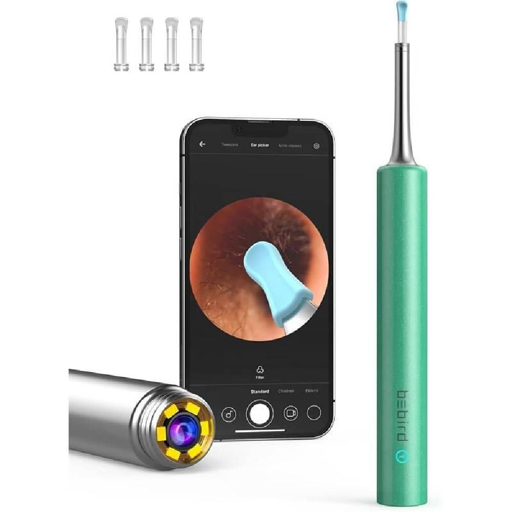 Kamera özellikli yeşil kulak temizleme cihazı, kulak kanalını gösteren bir akıllı telefon ve dört uç.
