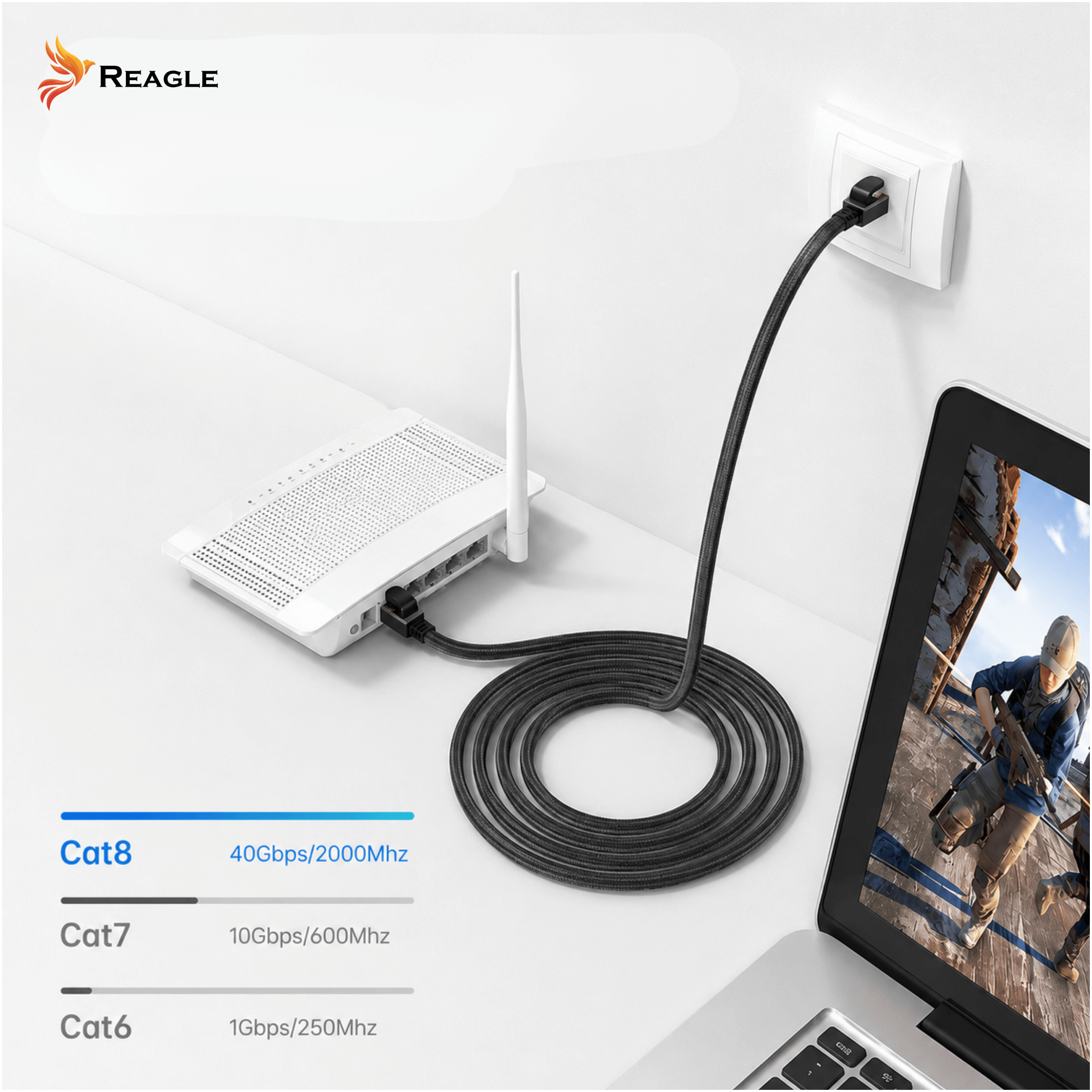 Reagle-Logo, Router, schwarzes Cat8-Kabel in Wand eingesteckt, Laptop zeigt Spiel.