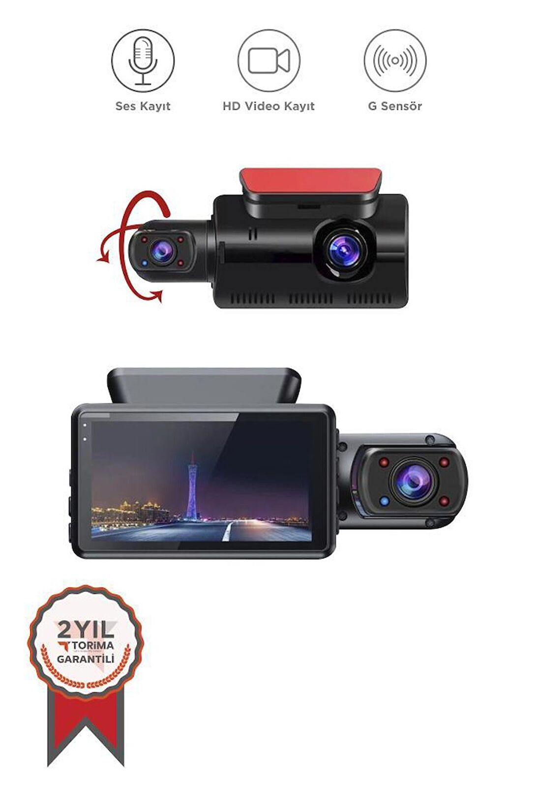 İki araç kamerası, biri kırmızı/siyah detaylı, ve ses, video, G-sensör ikonları.