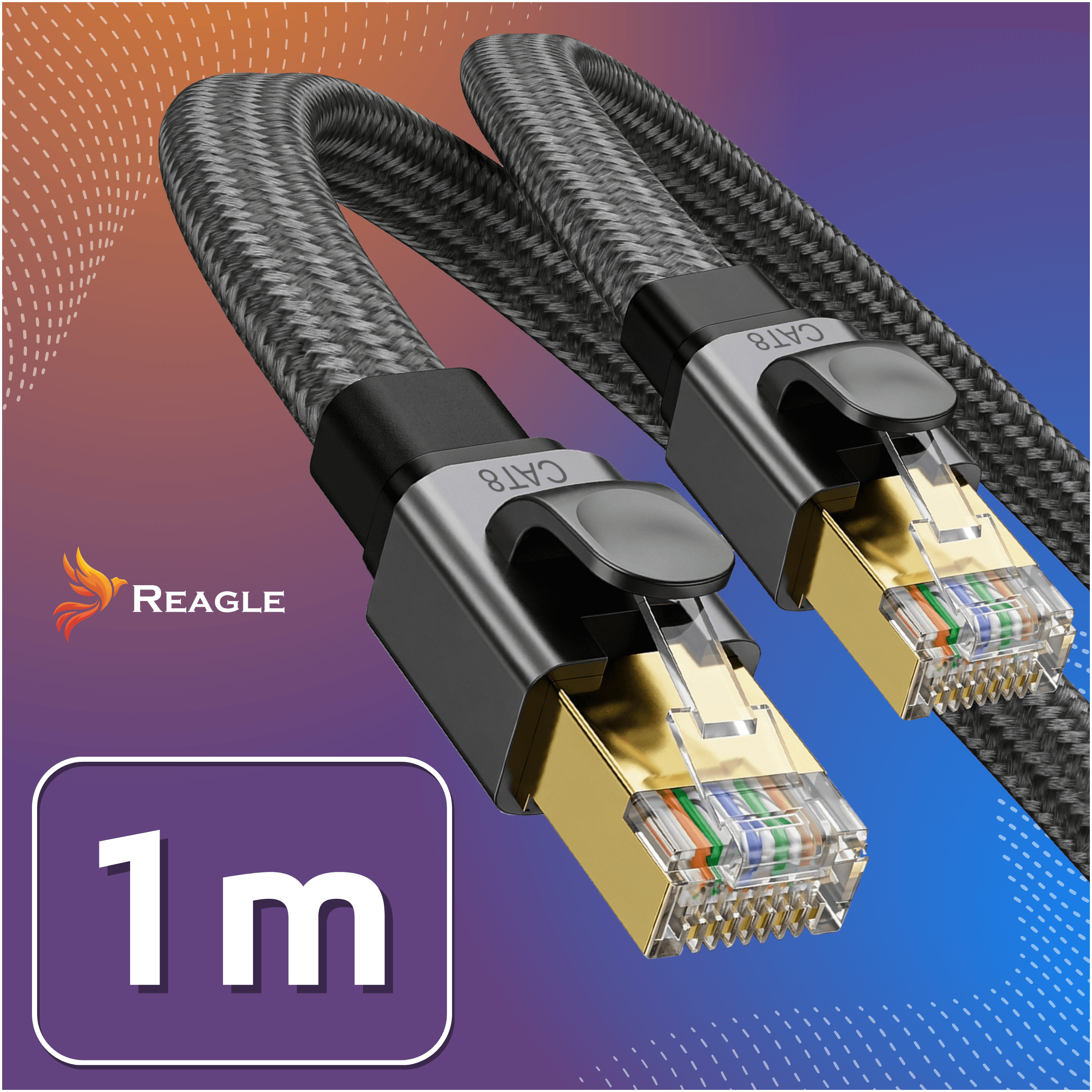 Zwei CAT8 Ethernet-Kabel mit vergoldeten Steckern auf buntem Hintergrund.