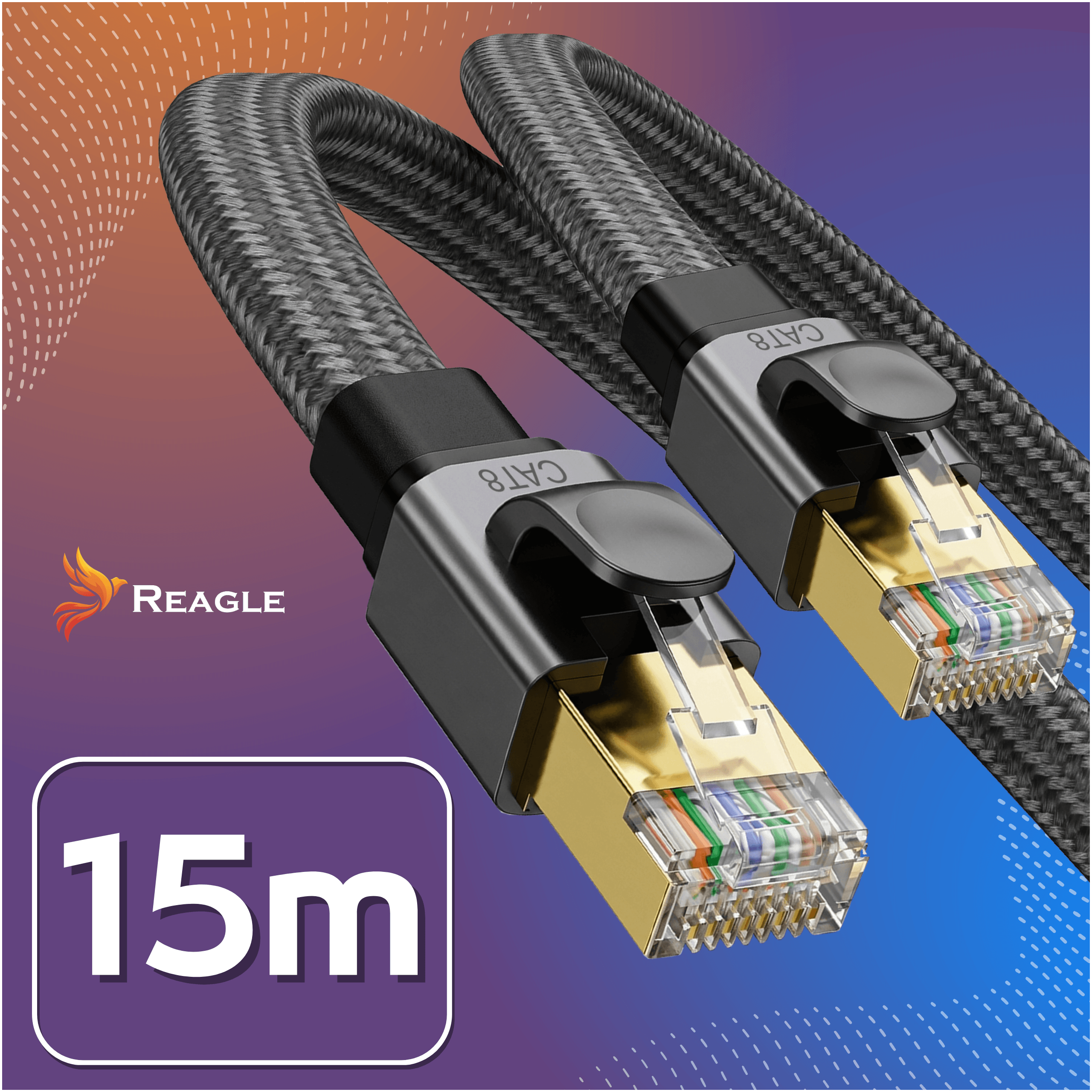 Zwei CAT8-Netzwerkkabel mit vergoldeten Steckern und 15m Längenangabe.