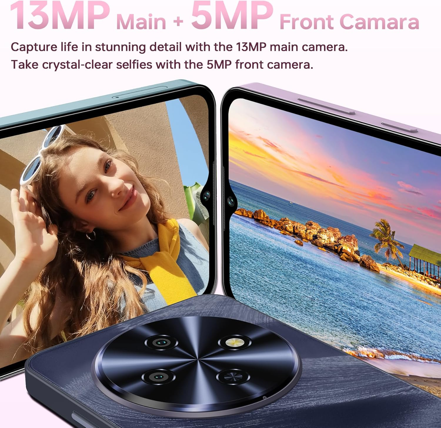 Un smartphone con cámaras principal de 13MP y frontal de 5MP muestra un selfie y una escena de playa tropical.