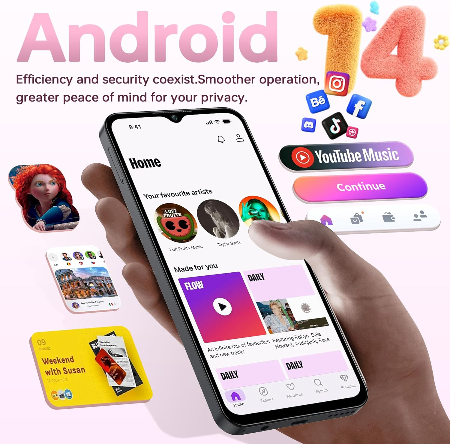 Android 14 con apps como YouTube Music. Mano sosteniendo teléfono.