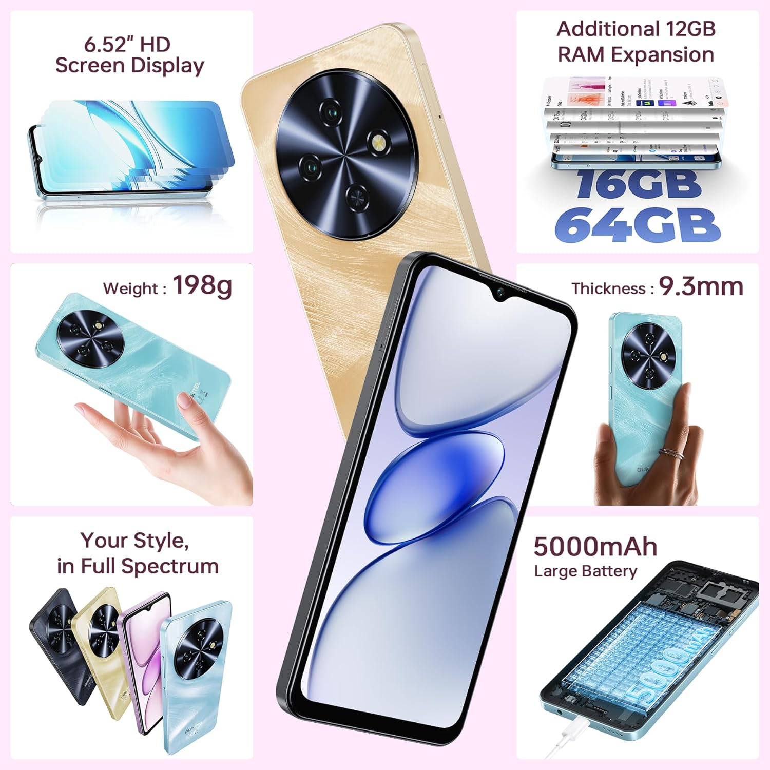 Smartphone con pantalla HD de 6,52 pulgadas, peso 198g, grosor 9,3mm, batería 5000mAh.