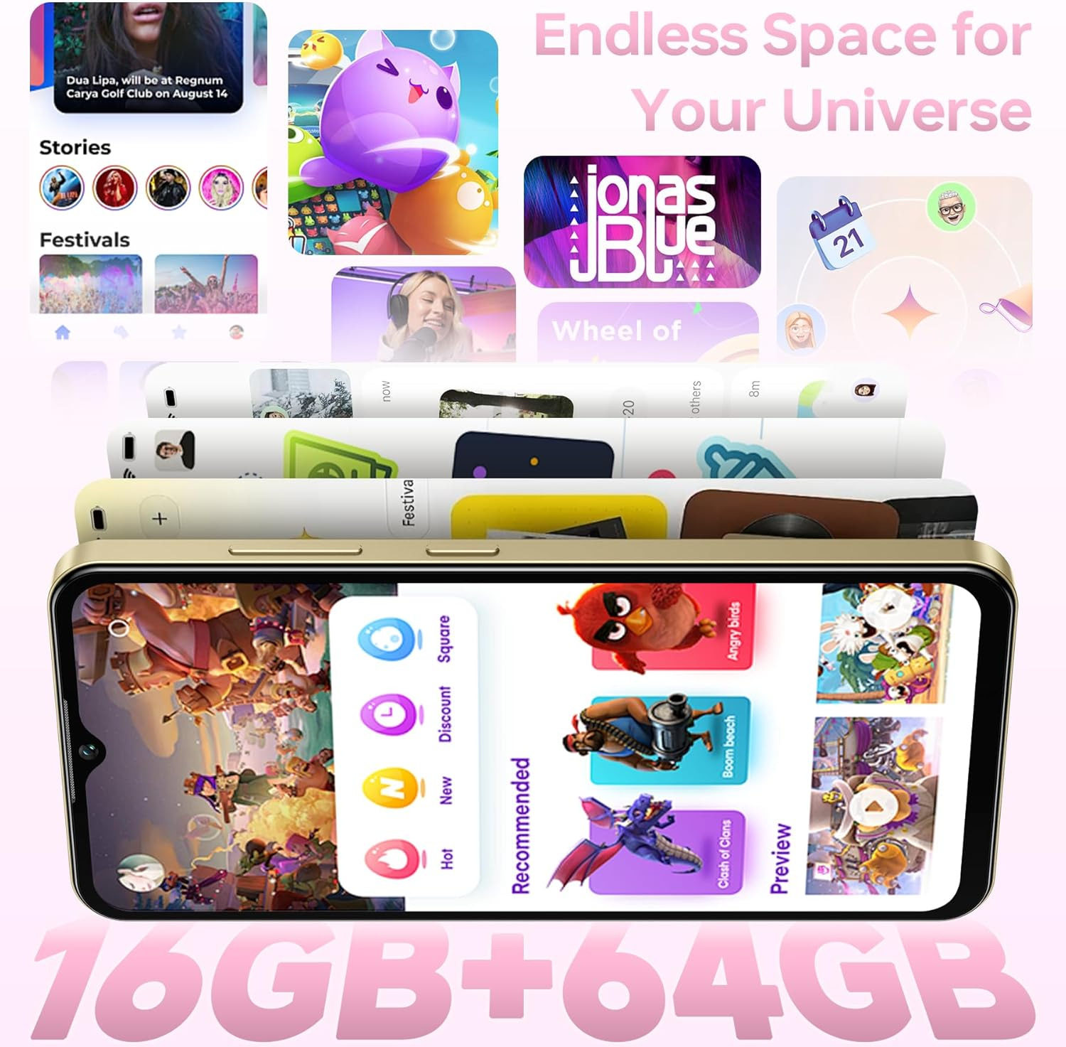 Teléfono mostrando apps: juegos, historias, festivales. Texto: Espacio infinito para tu universo. 16GB+64GB.