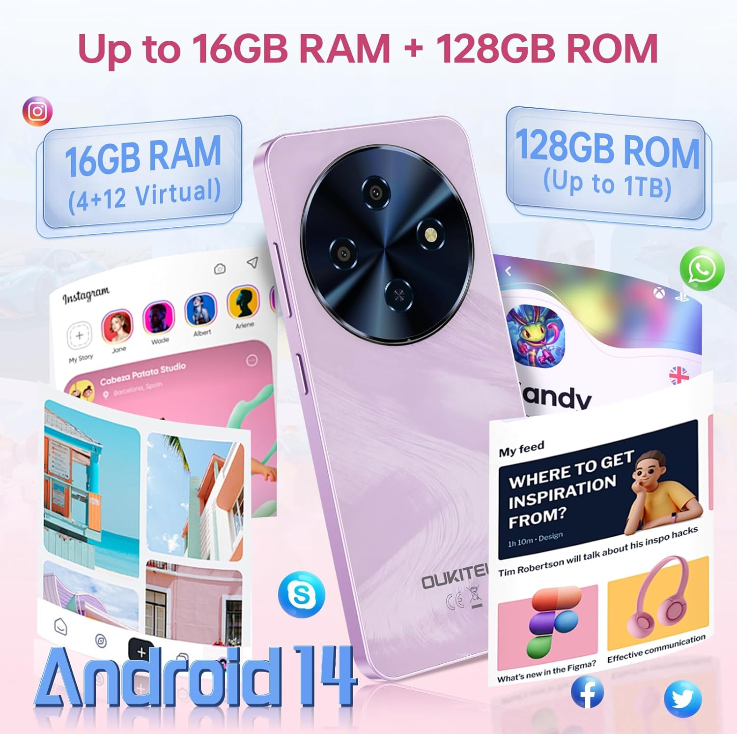 Un smartphone morado con módulo de cámara grande, Android 14, Instagram y otros iconos de apps.