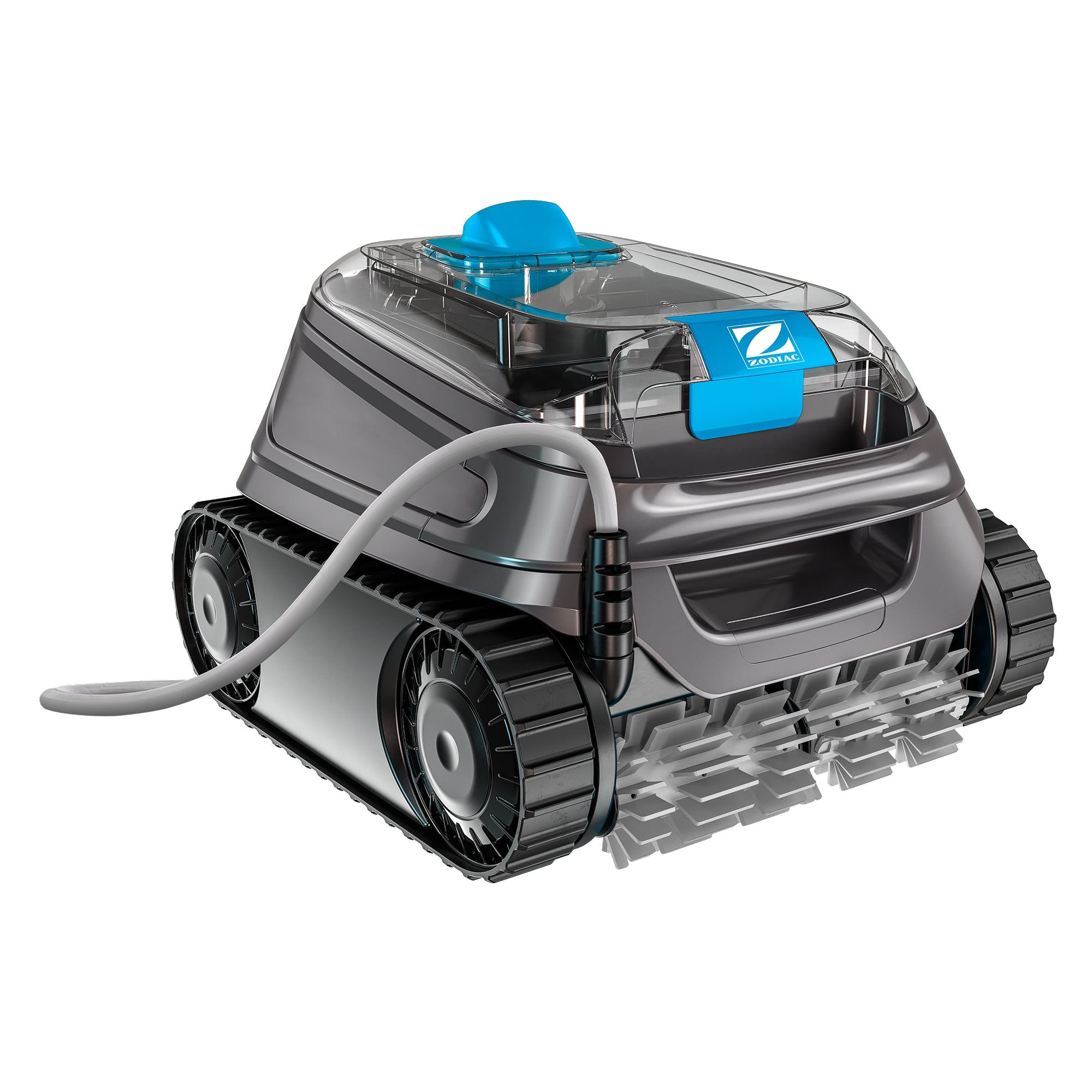 Robot de piscina gris con acentos azules y orugas.