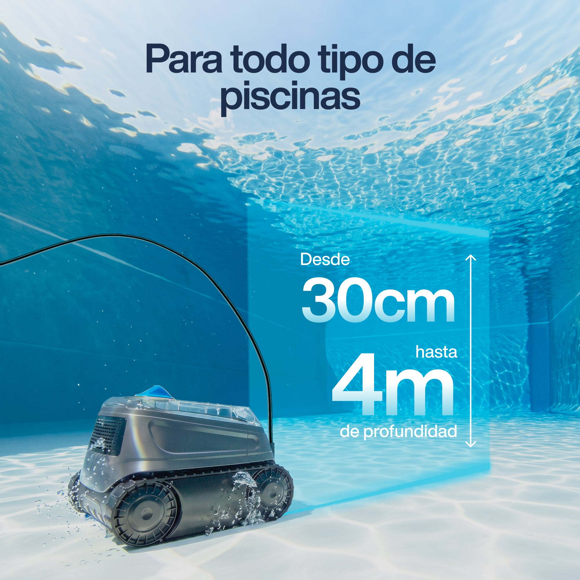 Un robot limpiafondos se mueve por el fondo arenoso de una piscina. Texto indica profundidad.