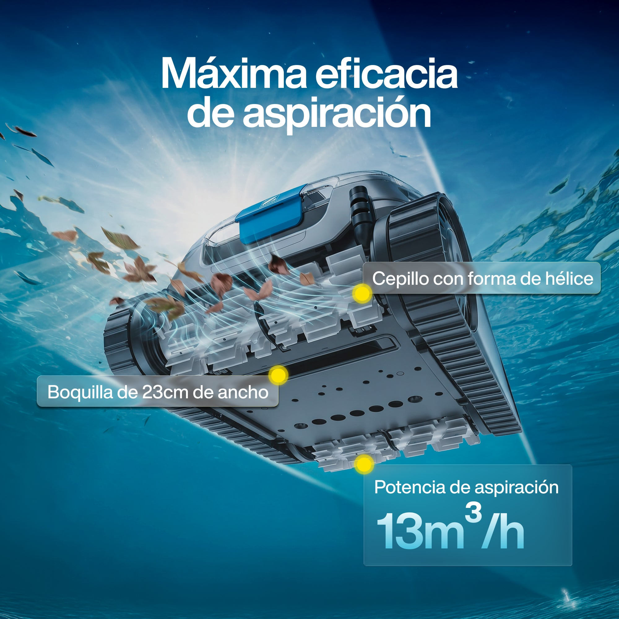 Un limpiafondos de 23cm de ancho aspira hojas a 13m³/h.