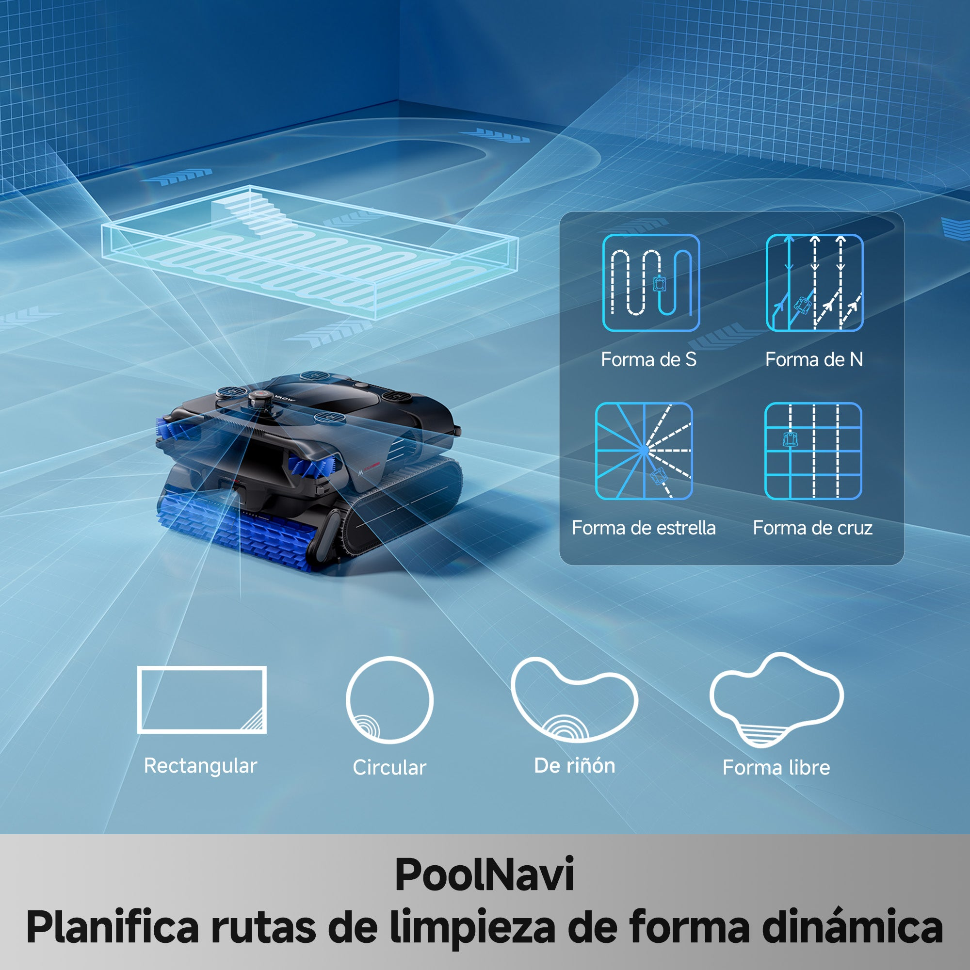 Un limpiador de piscina azul que muestra varios patrones de limpieza.
