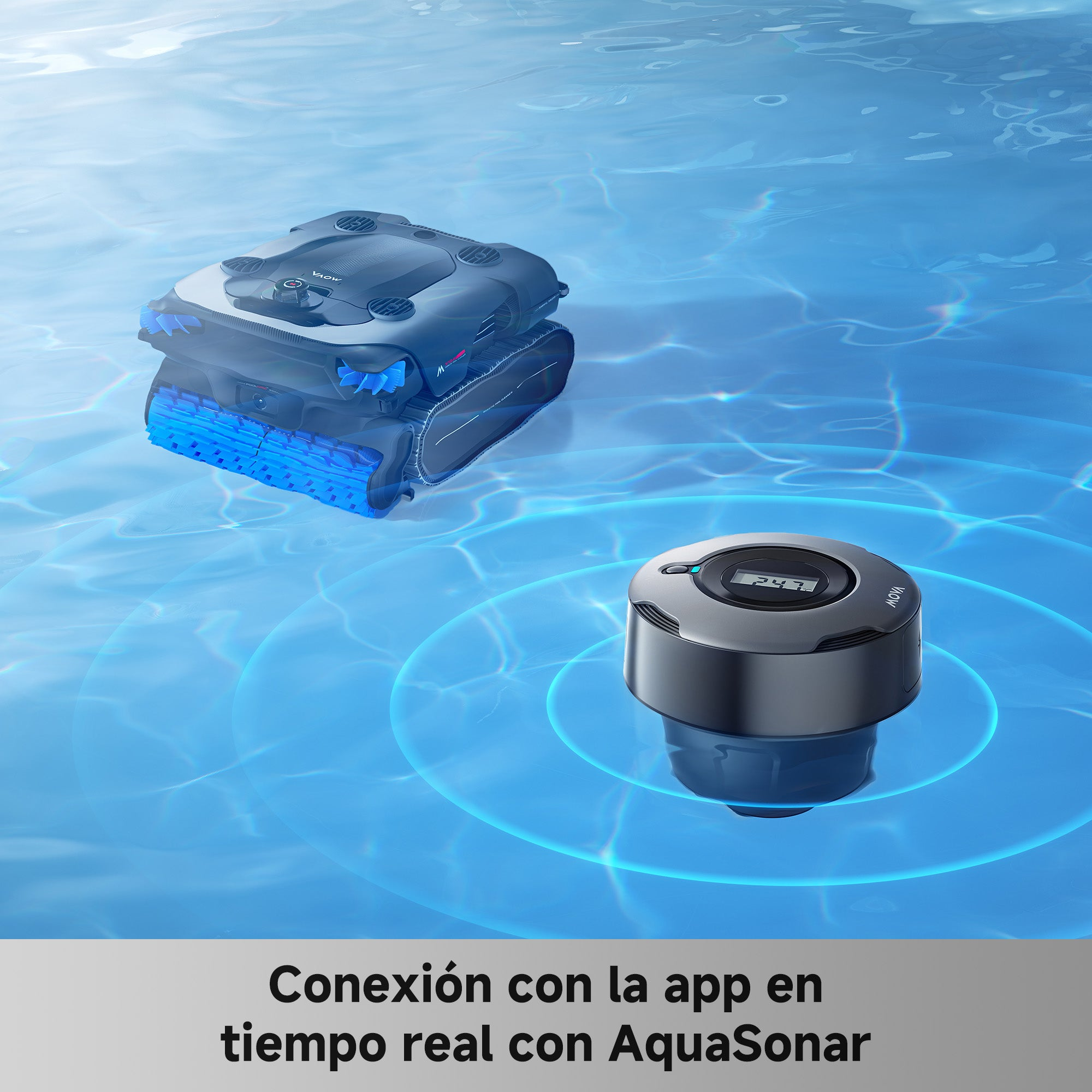 Un robot limpiafondos y un sensor flotan en el agua, conectados por ondas azules.