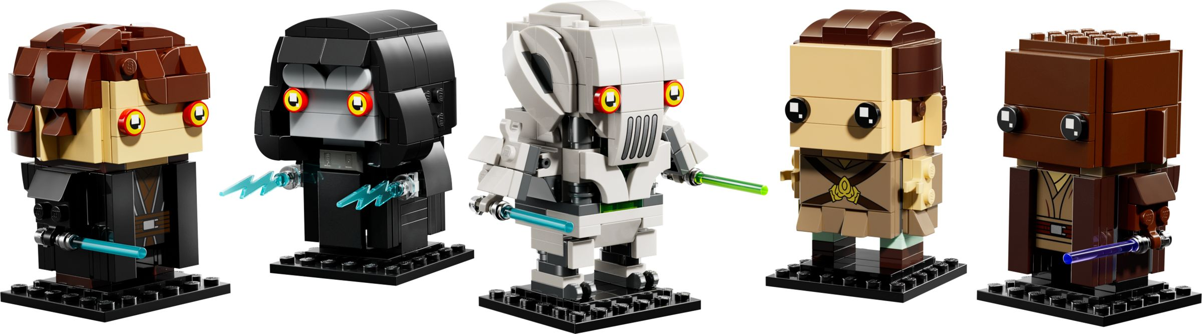 Siyah platformlarda kılıçlı beş Star Wars Lego figürü.