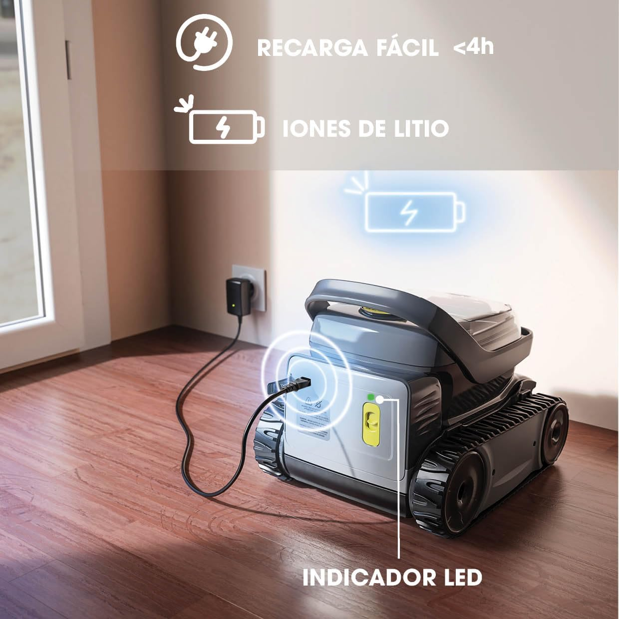 Un robot de piscina se está cargando con un indicador LED verde.