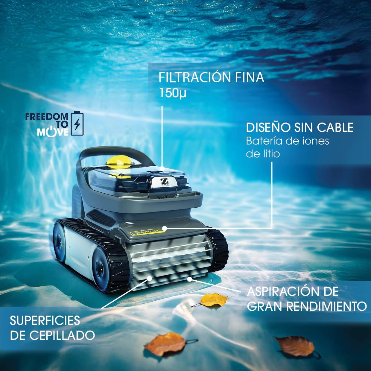 Un limpiafondos con superficies de cepillo, filtración fina y batería de litio.