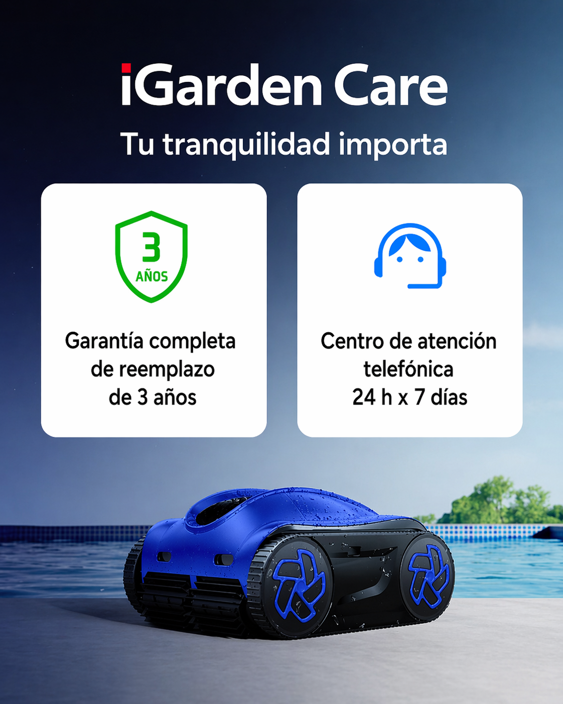 Un robot limpiafondos azul está en el borde de la piscina. Izquierda: garantía 3 años, derecha: atención.